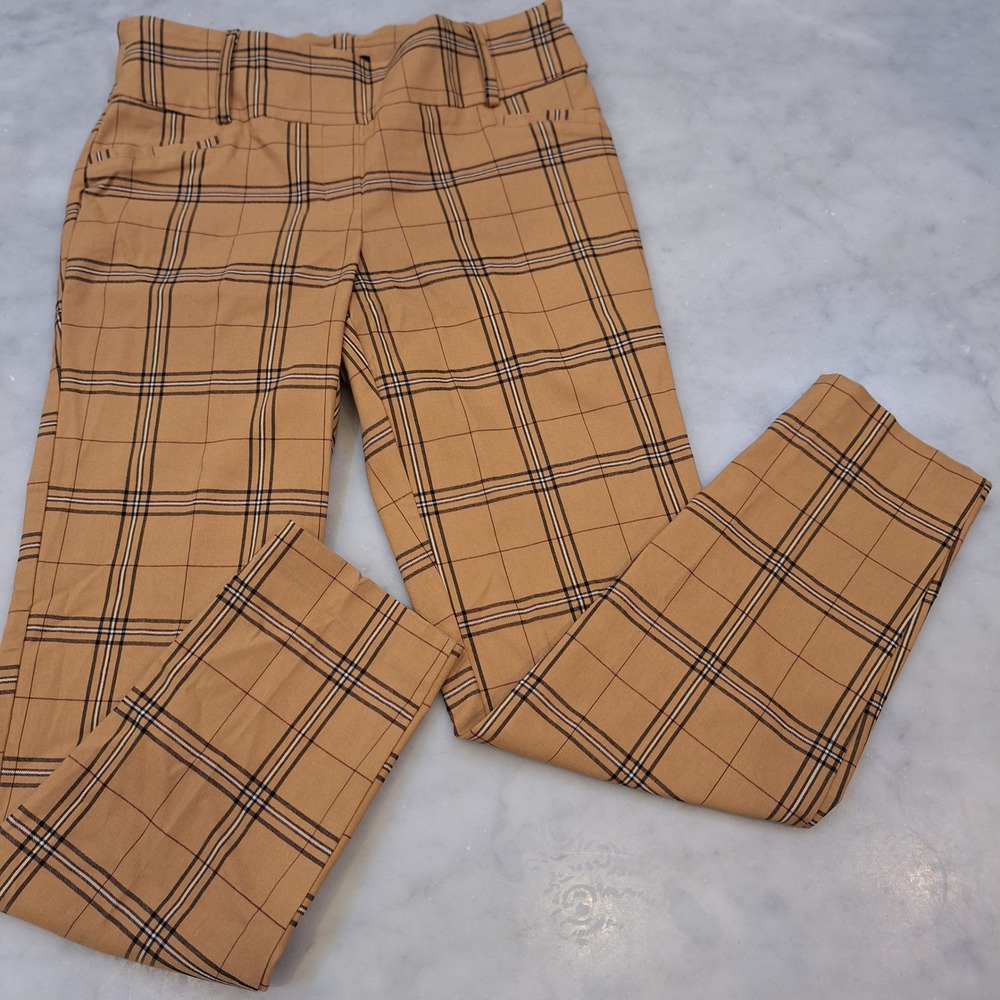 SOHO Apparel Ltd. Plaid Pants Sz M Tan Mustard Check PullOn Trousers Preppy Goth